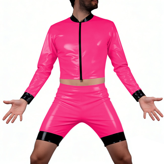 Mens Glossy PVC Leather Shorts Suit Vinyl Long Sleeve Crop Top High Waist Hot Pant Wetlook T-Shirts Sets Disco Party Club Wear