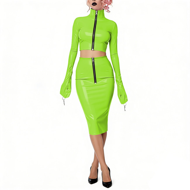 Shiny Vinyl PVC Dress Outfits Full Sleeves Stand Collar Crop Top with High Waist Bodycon Midi Skirt Club Bondage 2-Piece Set
