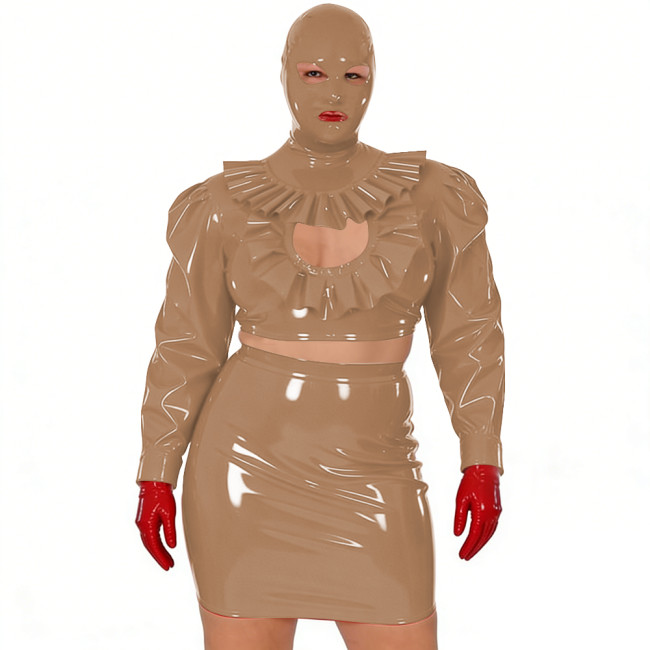 Wet Look Novelty Hollow Crop Top Bodycon Mini Skirt with Mask 3-Piece Set Sexy PVC Clubwear Halloween Party Cosplay Outfits 7XL