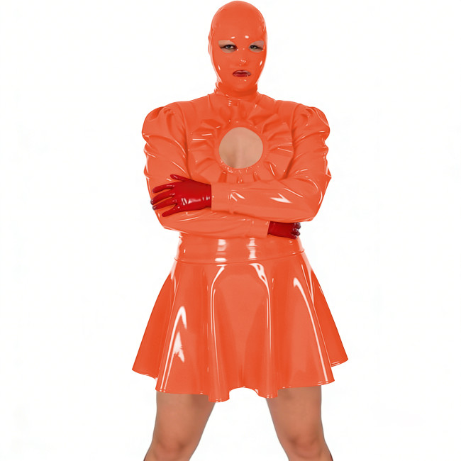 Shiny Latex-look Mini Pleated Dress Exotic Unisex Adult Full Head Cover Long Sleeve Short PVC Dresses Cutout Nightclub Vestidos