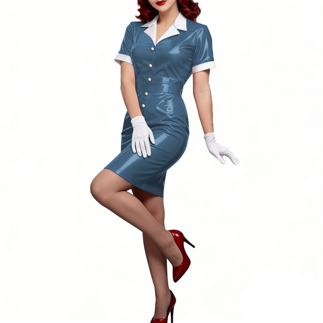 Ladies PVC Mini Bodycon Dress Wet-look Short Sleeves Turn-Down Collar Sexy Tight Dress Single-breasted Club Party Womens Dresses