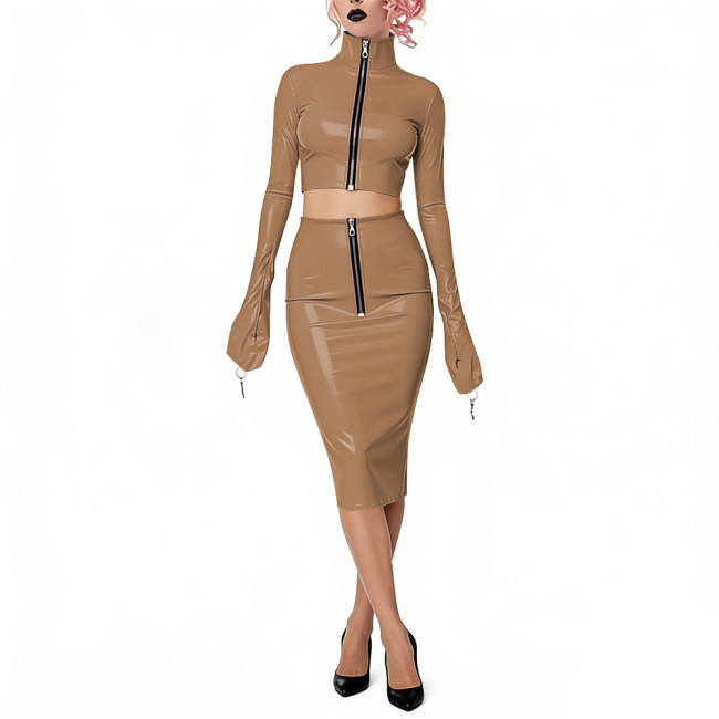 Shiny Vinyl PVC Dress Outfits Full Sleeves Stand Collar Crop Top with High Waist Bodycon Midi Skirt Club Bondage 2-Piece Set
