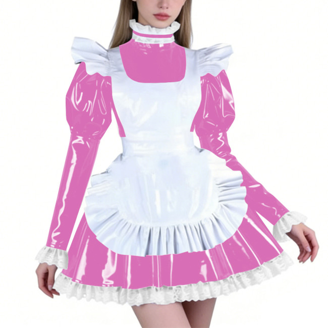 Sissy PVC Maid Lolita High Neck Mini Dress with Puff Sleeve Fetish Lockable Cosplay Pleated A-line Dress Party French Outfits