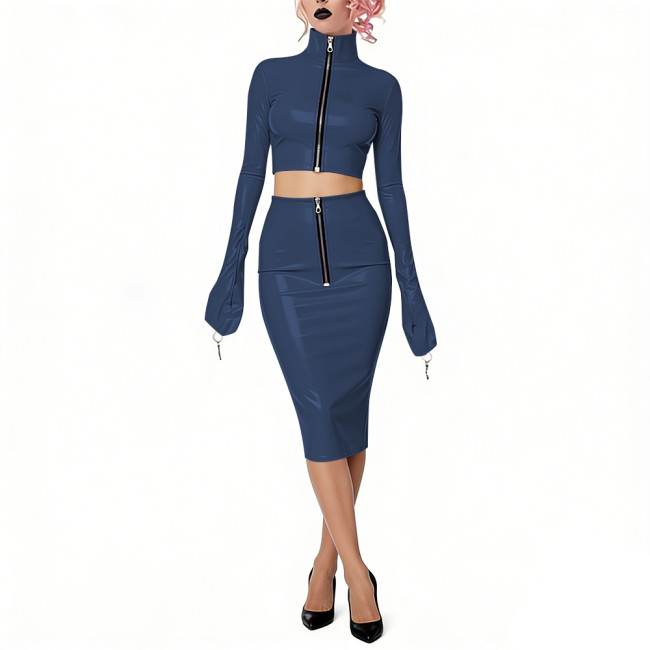 Shiny Vinyl PVC Dress Outfits Full Sleeves Stand Collar Crop Top with High Waist Bodycon Midi Skirt Club Bondage 2-Piece Set
