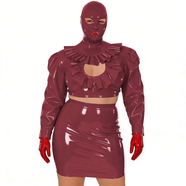 Wet Look Novelty Hollow Crop Top Bodycon Mini Skirt with Mask 3-Piece Set Sexy PVC Clubwear Halloween Party Cosplay Outfits 7XL