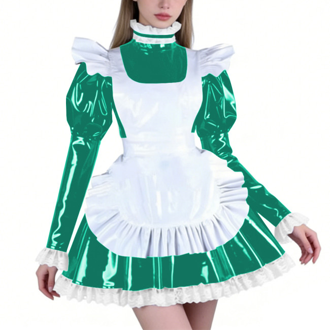 Sissy PVC Maid Lolita High Neck Mini Dress with Puff Sleeve Fetish Lockable Cosplay Pleated A-line Dress Party French Outfits