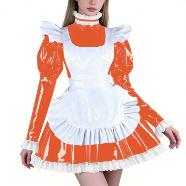 Sissy PVC Maid Lolita High Neck Mini Dress with Puff Sleeve Fetish Lockable Cosplay Pleated A-line Dress Party French Outfits