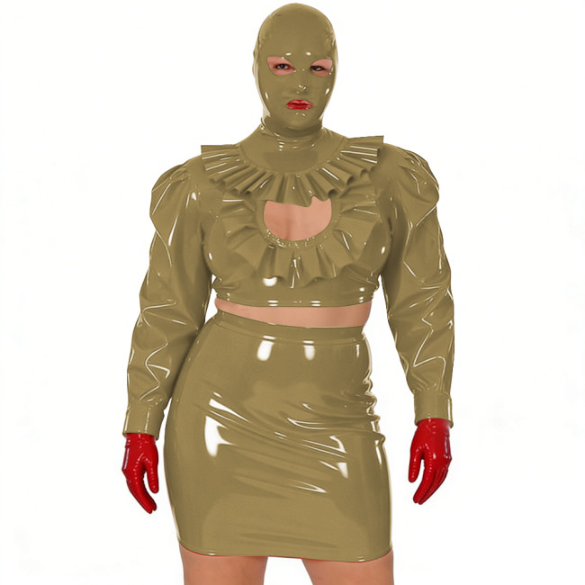 Wet Look Novelty Hollow Crop Top Bodycon Mini Skirt with Mask 3-Piece Set Sexy PVC Clubwear Halloween Party Cosplay Outfits 7XL