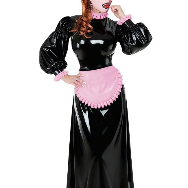 Lolita French Apron Maid Long Dresses Sissy Cross-dresser Waitress Maid Party Cosplay Costume Vinyl PVC Leather Maid Uniforms