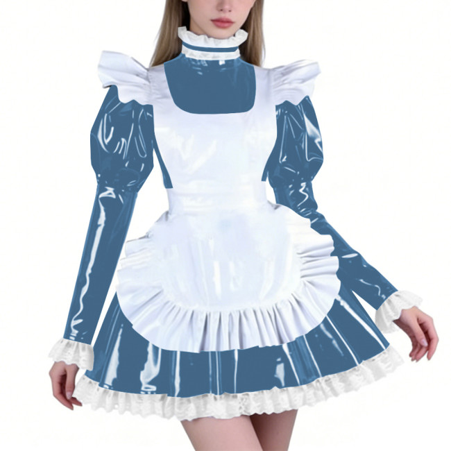 Sissy PVC Maid Lolita High Neck Mini Dress with Puff Sleeve Fetish Lockable Cosplay Pleated A-line Dress Party French Outfits