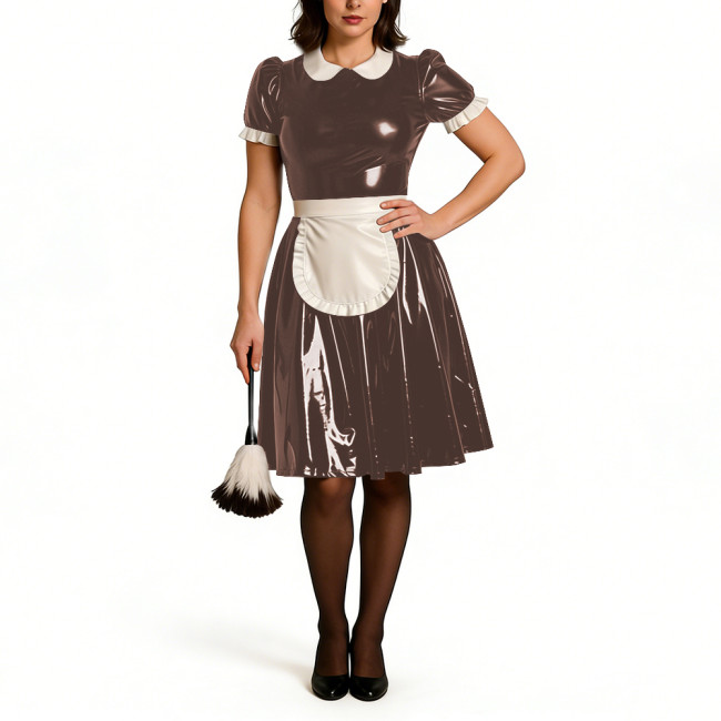 Puff Short Sleeve Party Maid Uniforms Vinyl PVC Leather Doll Collar Sweet Knee-lenght Dress with Apron Crossdressering Outfits