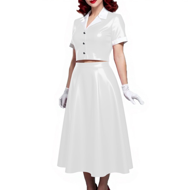 PVC Vinyl Leather Midi Dress Sets for Women 2 Piece Suit Wetlook Ladies Elegant Outfit Plus Size Button Top Pleated A-line Skirt