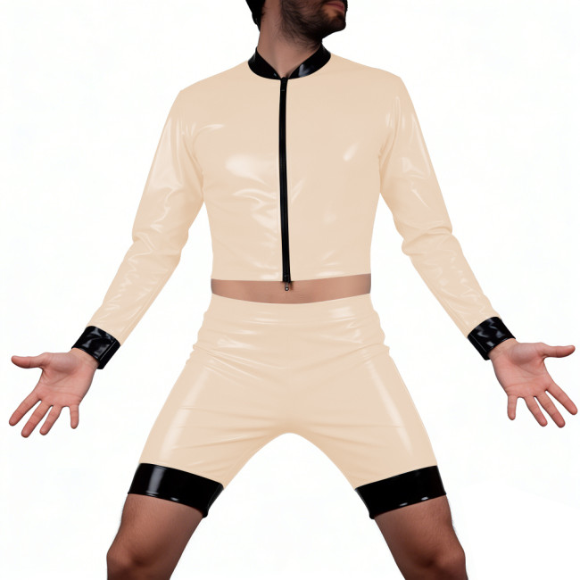 Mens Glossy PVC Leather Shorts Suit Vinyl Long Sleeve Crop Top High Waist Hot Pant Wetlook T-Shirts Sets Disco Party Club Wear