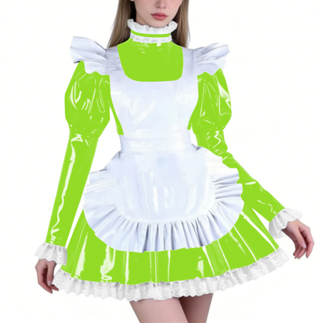 Sissy PVC Maid Lolita High Neck Mini Dress with Puff Sleeve Fetish Lockable Cosplay Pleated A-line Dress Party French Outfits