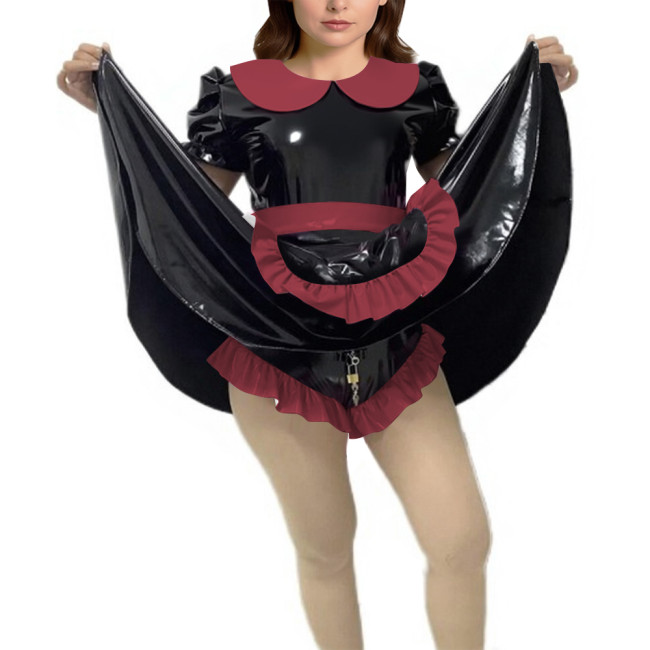 Shiny Vinyl PVC Dress Outfits Full Sleeves Stand Collar Crop Top with High Waist Bodycon Midi Skirt Club Bondage 2-Piece Set