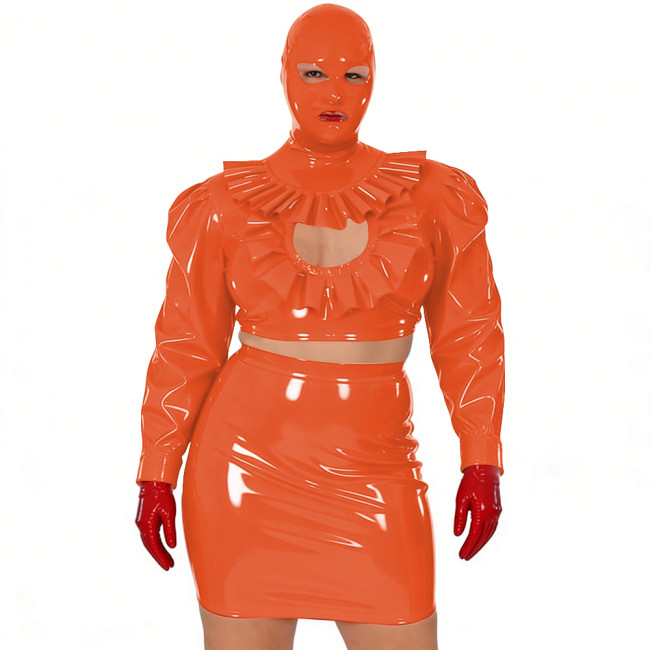 Wet Look Novelty Hollow Crop Top Bodycon Mini Skirt with Mask 3-Piece Set Sexy PVC Clubwear Halloween Party Cosplay Outfits 7XL