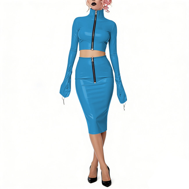 Shiny Vinyl PVC Dress Outfits Full Sleeves Stand Collar Crop Top with High Waist Bodycon Midi Skirt Club Bondage 2-Piece Set