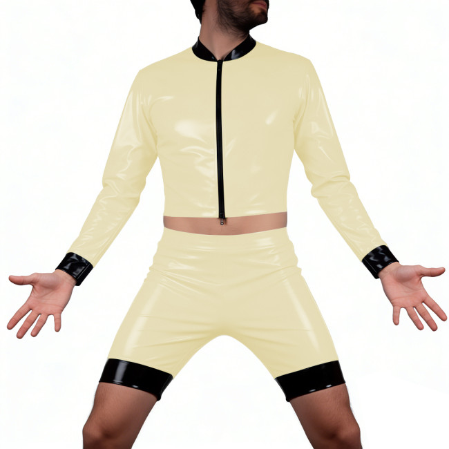 Mens Glossy PVC Leather Shorts Suit Vinyl Long Sleeve Crop Top High Waist Hot Pant Wetlook T-Shirts Sets Disco Party Club Wear