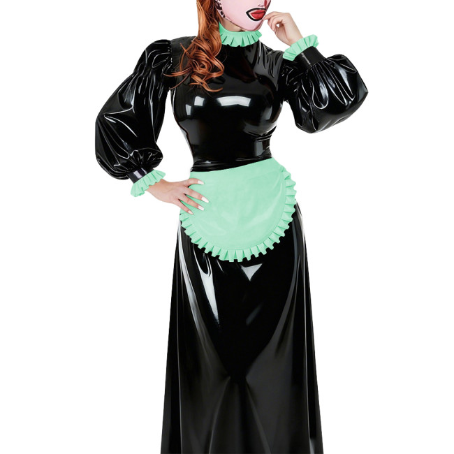 Lolita French Apron Maid Long Dresses Sissy Cross-dresser Waitress Maid Party Cosplay Costume Vinyl PVC Leather Maid Uniforms