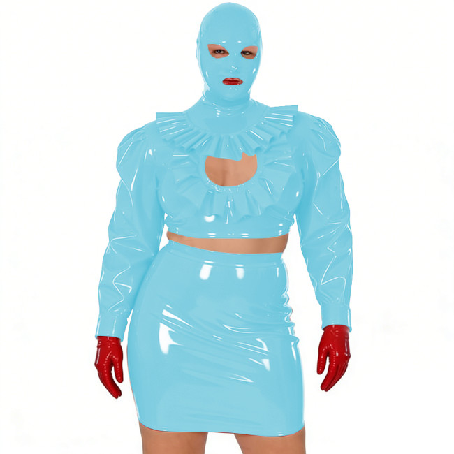 Wet Look Novelty Hollow Crop Top Bodycon Mini Skirt with Mask 3-Piece Set Sexy PVC Clubwear Halloween Party Cosplay Outfits 7XL