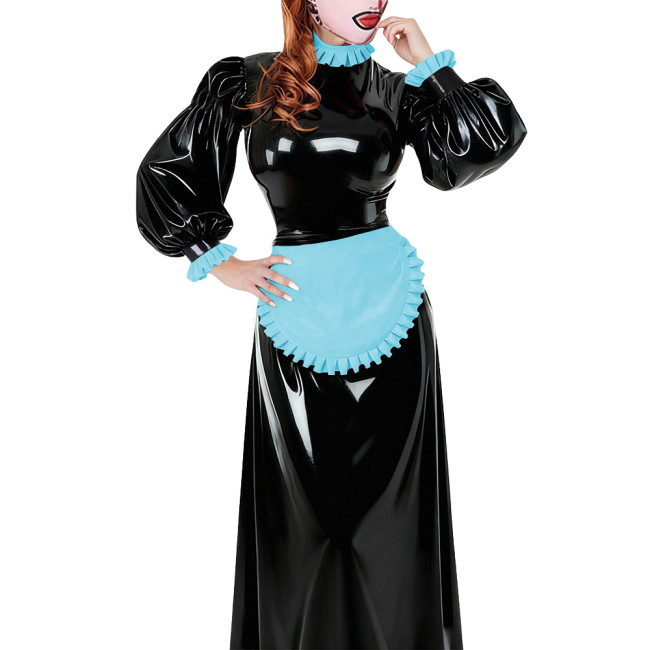 Lolita French Apron Maid Long Dresses Sissy Cross-dresser Waitress Maid Party Cosplay Costume Vinyl PVC Leather Maid Uniforms