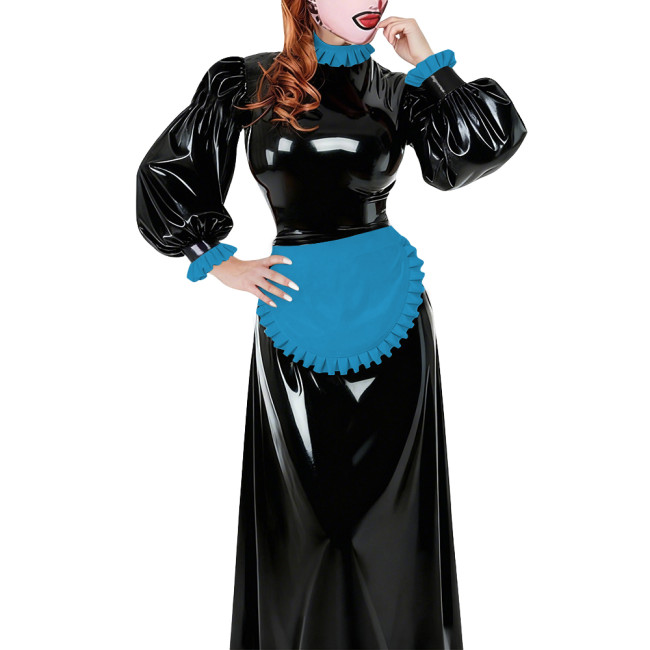 Lolita French Apron Maid Long Dresses Sissy Cross-dresser Waitress Maid Party Cosplay Costume Vinyl PVC Leather Maid Uniforms