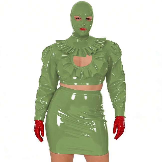 Wet Look Novelty Hollow Crop Top Bodycon Mini Skirt with Mask 3-Piece Set Sexy PVC Clubwear Halloween Party Cosplay Outfits 7XL