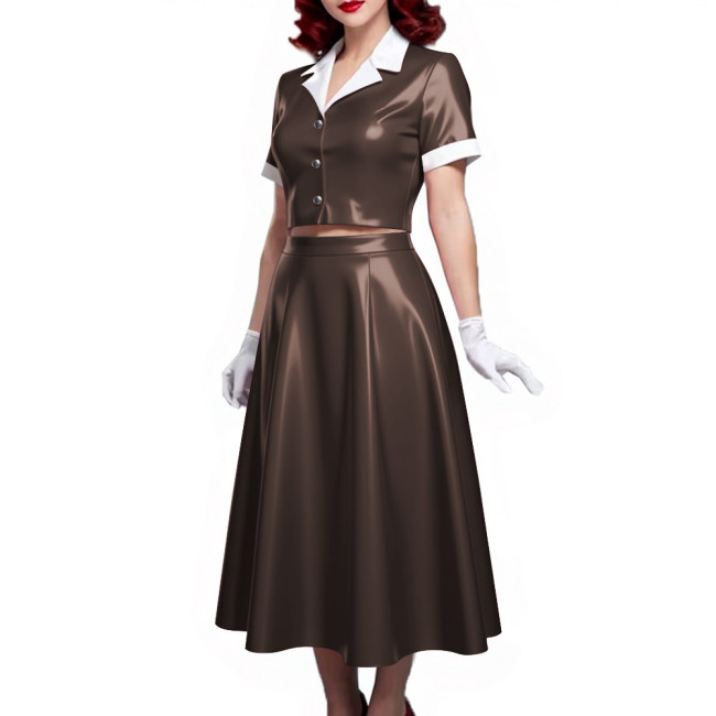 PVC Vinyl Leather Midi Dress Sets for Women 2 Piece Suit Wetlook Ladies Elegant Outfit Plus Size Button Top Pleated A-line Skirt