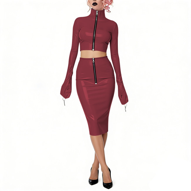 Shiny Vinyl PVC Dress Outfits Full Sleeves Stand Collar Crop Top with High Waist Bodycon Midi Skirt Club Bondage 2-Piece Set