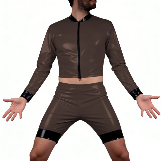 Mens Glossy PVC Leather Shorts Suit Vinyl Long Sleeve Crop Top High Waist Hot Pant Wetlook T-Shirts Sets Disco Party Club Wear