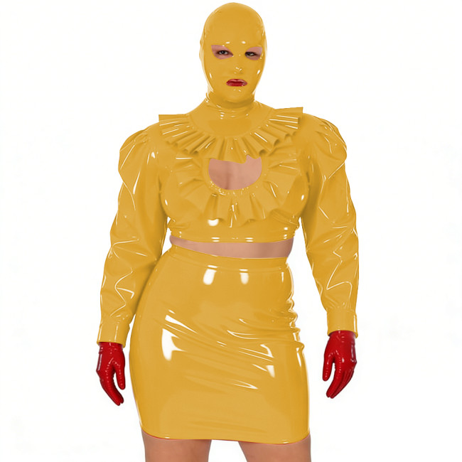 Wet Look Novelty Hollow Crop Top Bodycon Mini Skirt with Mask 3-Piece Set Sexy PVC Clubwear Halloween Party Cosplay Outfits 7XL