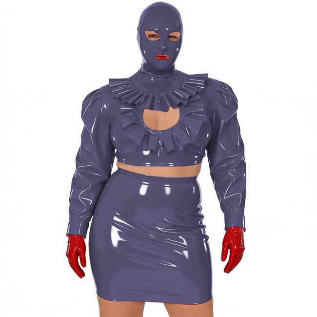 Wet Look Novelty Hollow Crop Top Bodycon Mini Skirt with Mask 3-Piece Set Sexy PVC Clubwear Halloween Party Cosplay Outfits 7XL