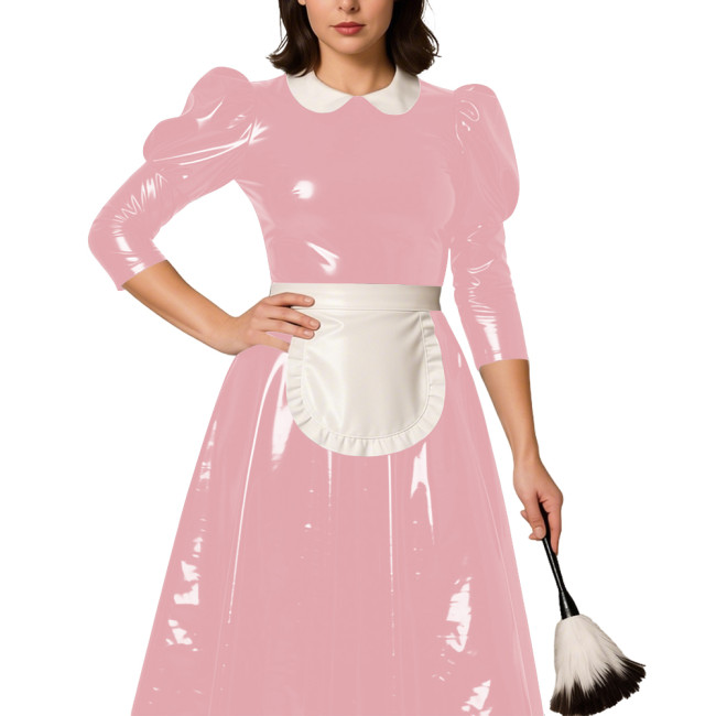 Classic Lolita Long Maid Dress with Puff Sleeve Revelry Party French Maid Cosplay Dress Outfits PVC Shiny Leather Maid Uniforms