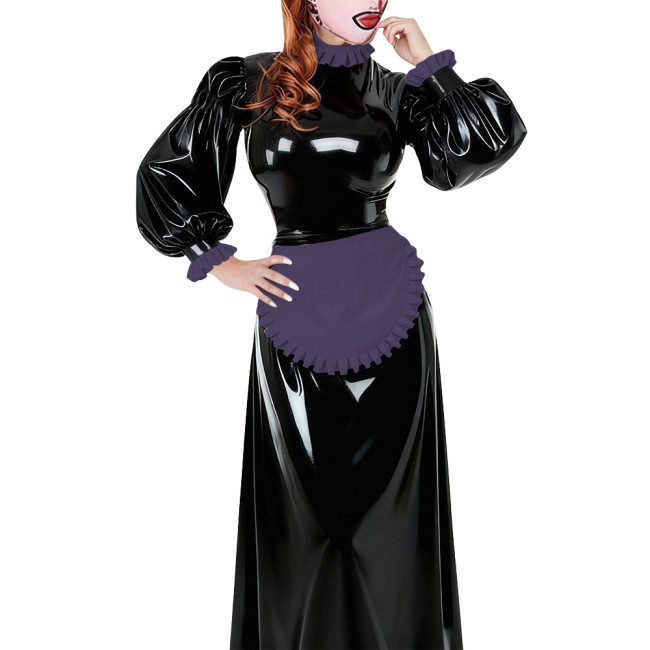 Lolita French Apron Maid Long Dresses Sissy Cross-dresser Waitress Maid Party Cosplay Costume Vinyl PVC Leather Maid Uniforms