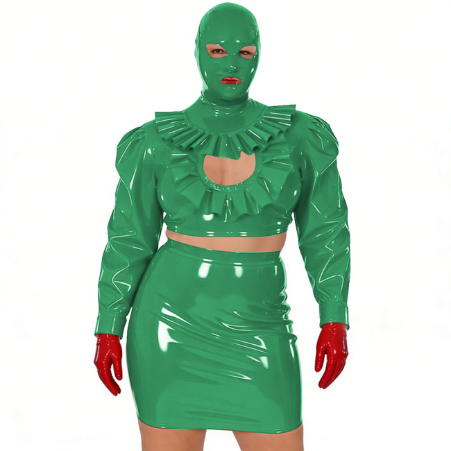 Wet Look Novelty Hollow Crop Top Bodycon Mini Skirt with Mask 3-Piece Set Sexy PVC Clubwear Halloween Party Cosplay Outfits 7XL