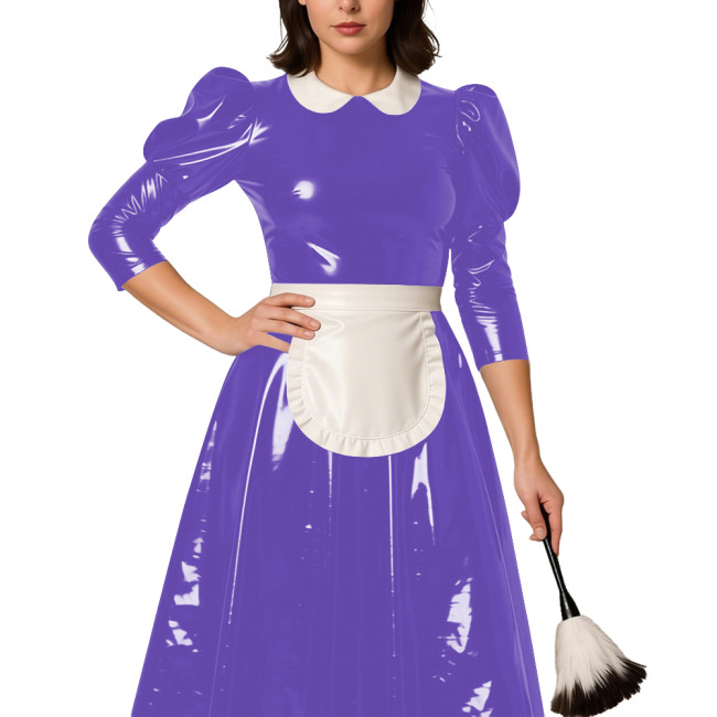 Classic Lolita Long Maid Dress with Puff Sleeve Revelry Party French Maid Cosplay Dress Outfits PVC Shiny Leather Maid Uniforms