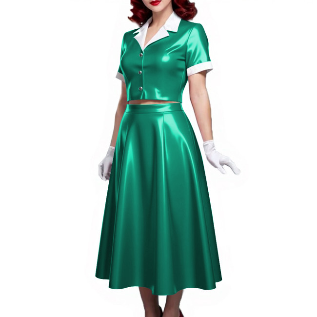 PVC Vinyl Leather Midi Dress Sets for Women 2 Piece Suit Wetlook Ladies Elegant Outfit Plus Size Button Top Pleated A-line Skirt