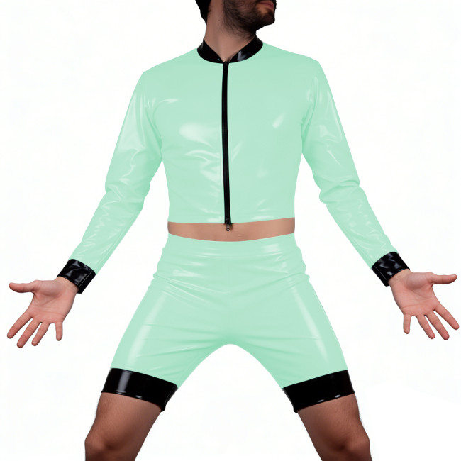 Mens Glossy PVC Leather Shorts Suit Vinyl Long Sleeve Crop Top High Waist Hot Pant Wetlook T-Shirts Sets Disco Party Club Wear