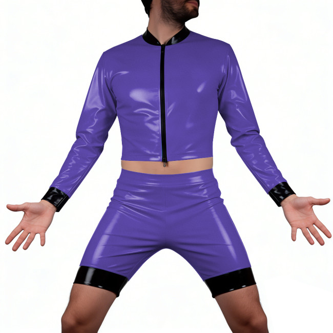 Mens Glossy PVC Leather Shorts Suit Vinyl Long Sleeve Crop Top High Waist Hot Pant Wetlook T-Shirts Sets Disco Party Club Wear