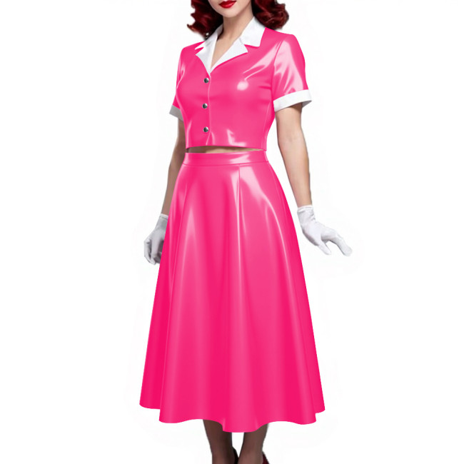 PVC Vinyl Leather Midi Dress Sets for Women 2 Piece Suit Wetlook Ladies Elegant Outfit Plus Size Button Top Pleated A-line Skirt