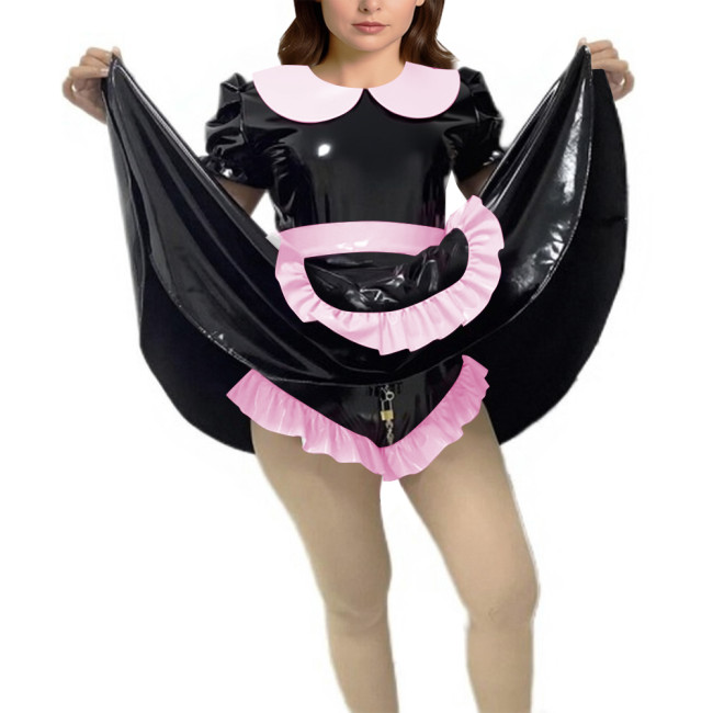 Shiny Vinyl PVC Dress Outfits Full Sleeves Stand Collar Crop Top with High Waist Bodycon Midi Skirt Club Bondage 2-Piece Set