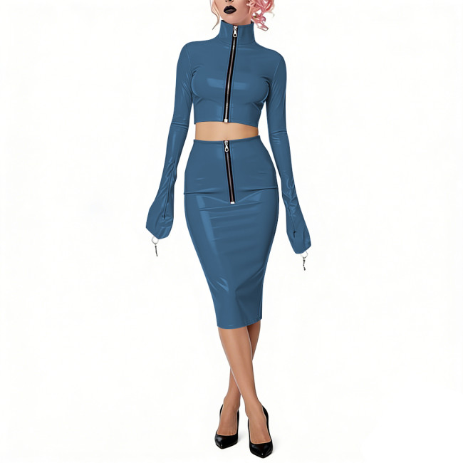 Shiny Vinyl PVC Dress Outfits Full Sleeves Stand Collar Crop Top with High Waist Bodycon Midi Skirt Club Bondage 2-Piece Set