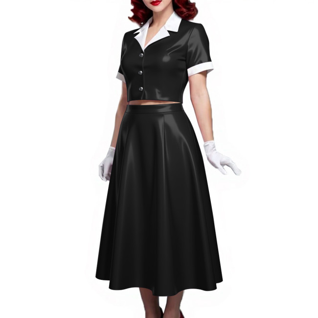 PVC Vinyl Leather Midi Dress Sets for Women 2 Piece Suit Wetlook Ladies Elegant Outfit Plus Size Button Top Pleated A-line Skirt