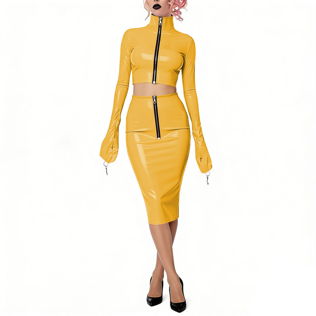 Shiny Vinyl PVC Dress Outfits Full Sleeves Stand Collar Crop Top with High Waist Bodycon Midi Skirt Club Bondage 2-Piece Set