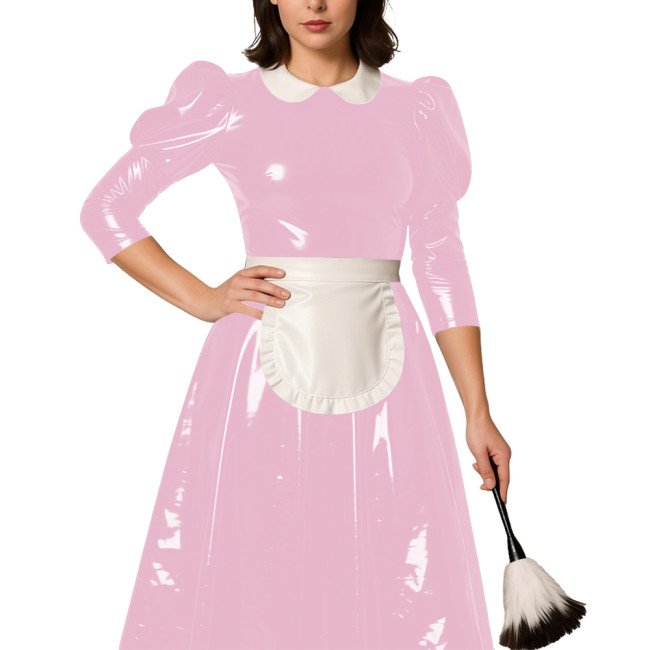Classic Lolita Long Maid Dress with Puff Sleeve Revelry Party French Maid Cosplay Dress Outfits PVC Shiny Leather Maid Uniforms