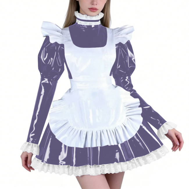 Sissy PVC Maid Lolita High Neck Mini Dress with Puff Sleeve Fetish Lockable Cosplay Pleated A-line Dress Party French Outfits
