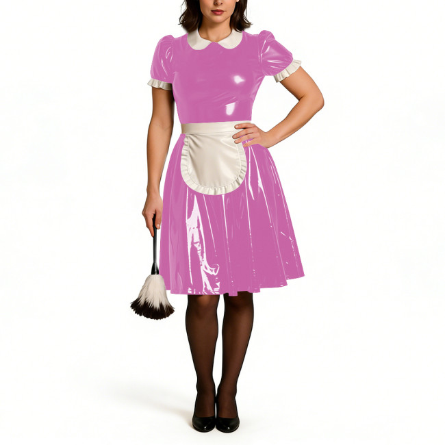 Puff Short Sleeve Party Maid Uniforms Vinyl PVC Leather Doll Collar Sweet Knee-lenght Dress with Apron Crossdressering Outfits