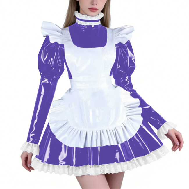Sissy PVC Maid Lolita High Neck Mini Dress with Puff Sleeve Fetish Lockable Cosplay Pleated A-line Dress Party French Outfits