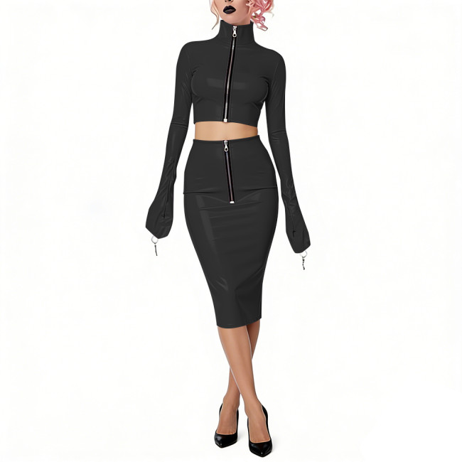 Shiny Vinyl PVC Dress Outfits Full Sleeves Stand Collar Crop Top with High Waist Bodycon Midi Skirt Club Bondage 2-Piece Set