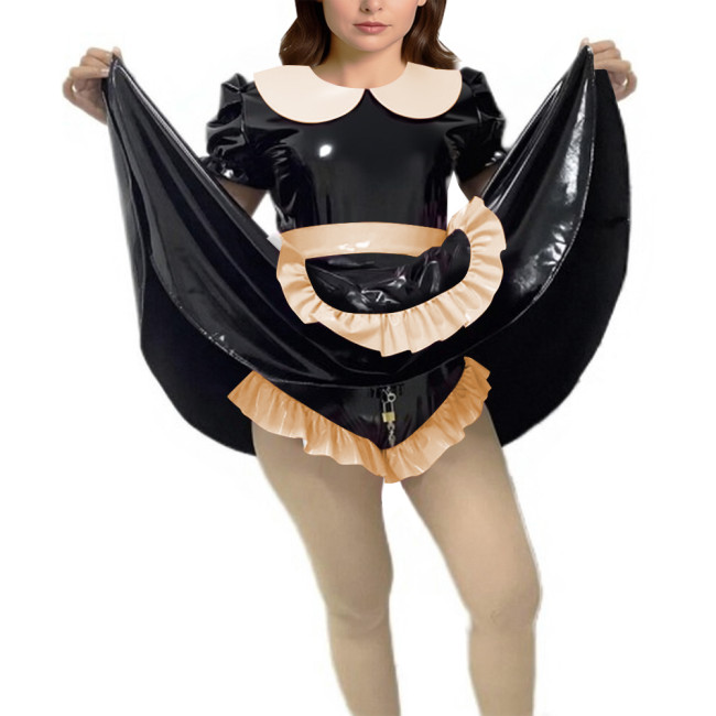 Shiny Vinyl PVC Dress Outfits Full Sleeves Stand Collar Crop Top with High Waist Bodycon Midi Skirt Club Bondage 2-Piece Set